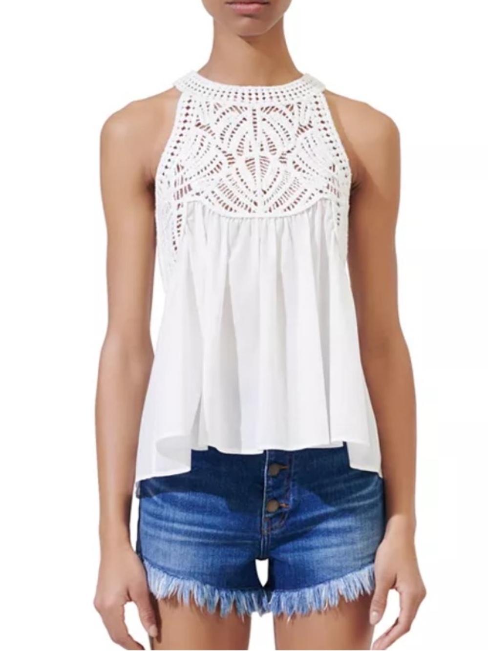 JULIA NWT Women White Crochet Yoke Halter Camisole Top Size Small